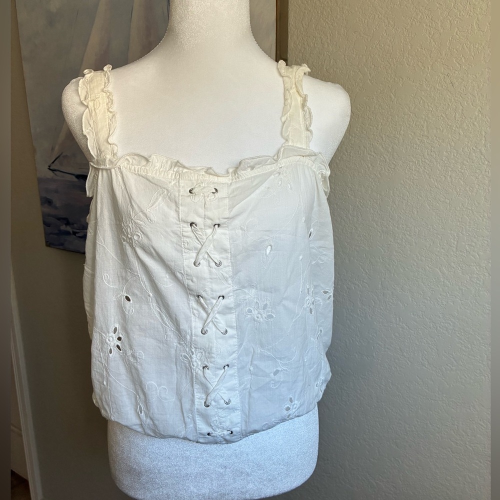 Express Cropped Cream Faux Lace-Up Eyelet Top